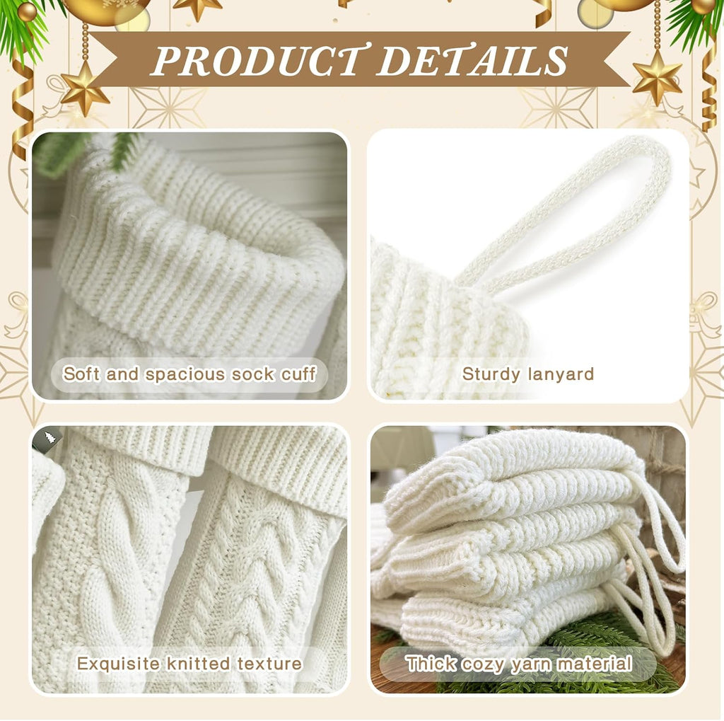 4 Pack White Knit Christmas Stockings - Large 18" Rustic Farmhouse Vintage Cable Knit Holiday Stockings, Cream Ivory