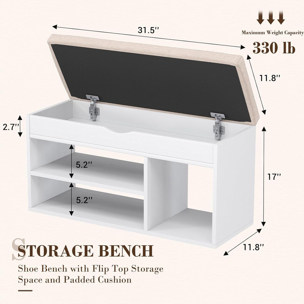 31 Inches Storage Bench with Padded Cushion, Shoe Bench with Storage Space, Upholstered Entryway Bench , 2-Tier Shoe