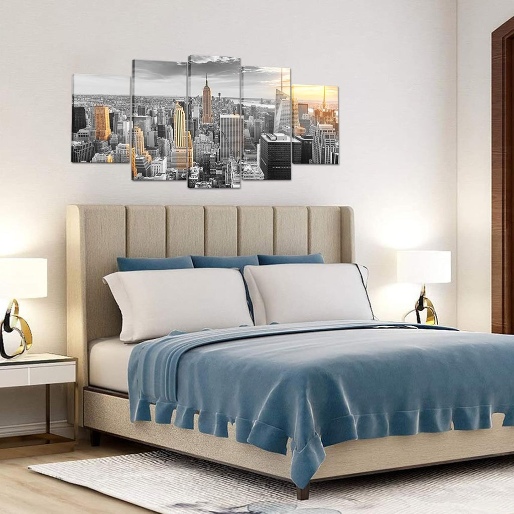Large Size 5 Pcs New York Skyline Wall Art Canvas City in Sunrise Painting Pictures Modern Cityscape Artwork Office