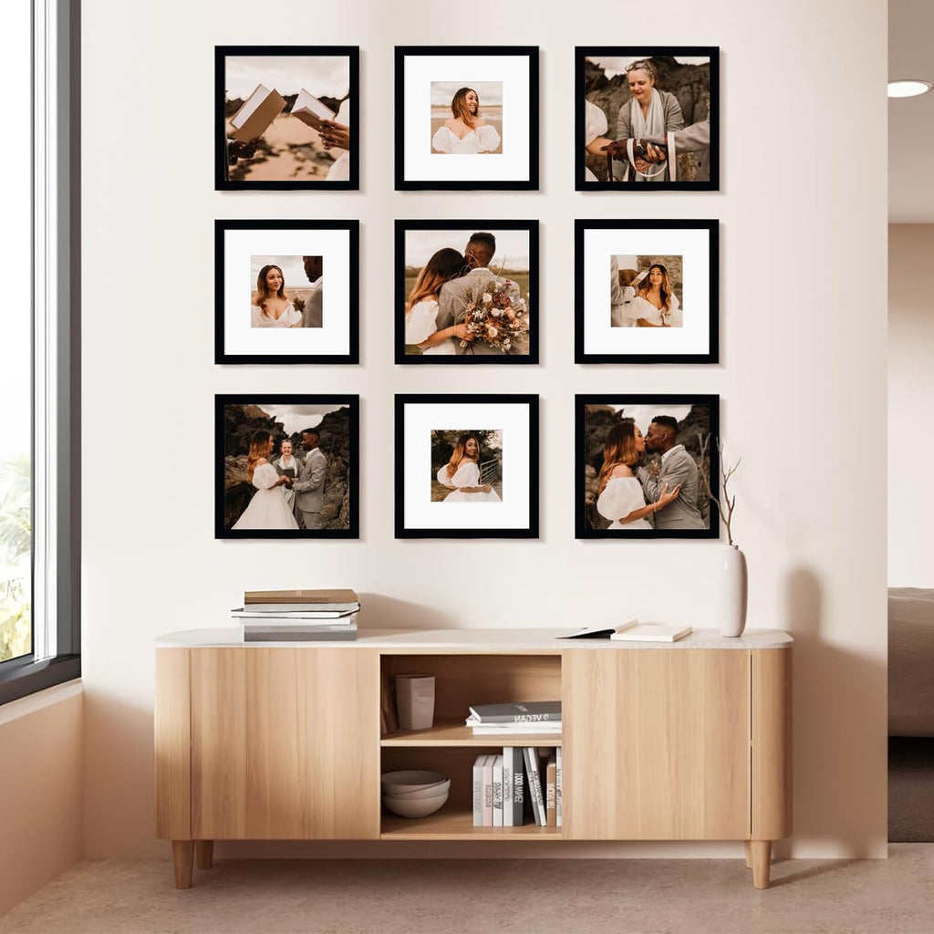 12x12 Picture Frame Set of 9, Display Pictures 8x8 with Mat or 12x12 without Mat, Multi Collage Gallery Square Photo