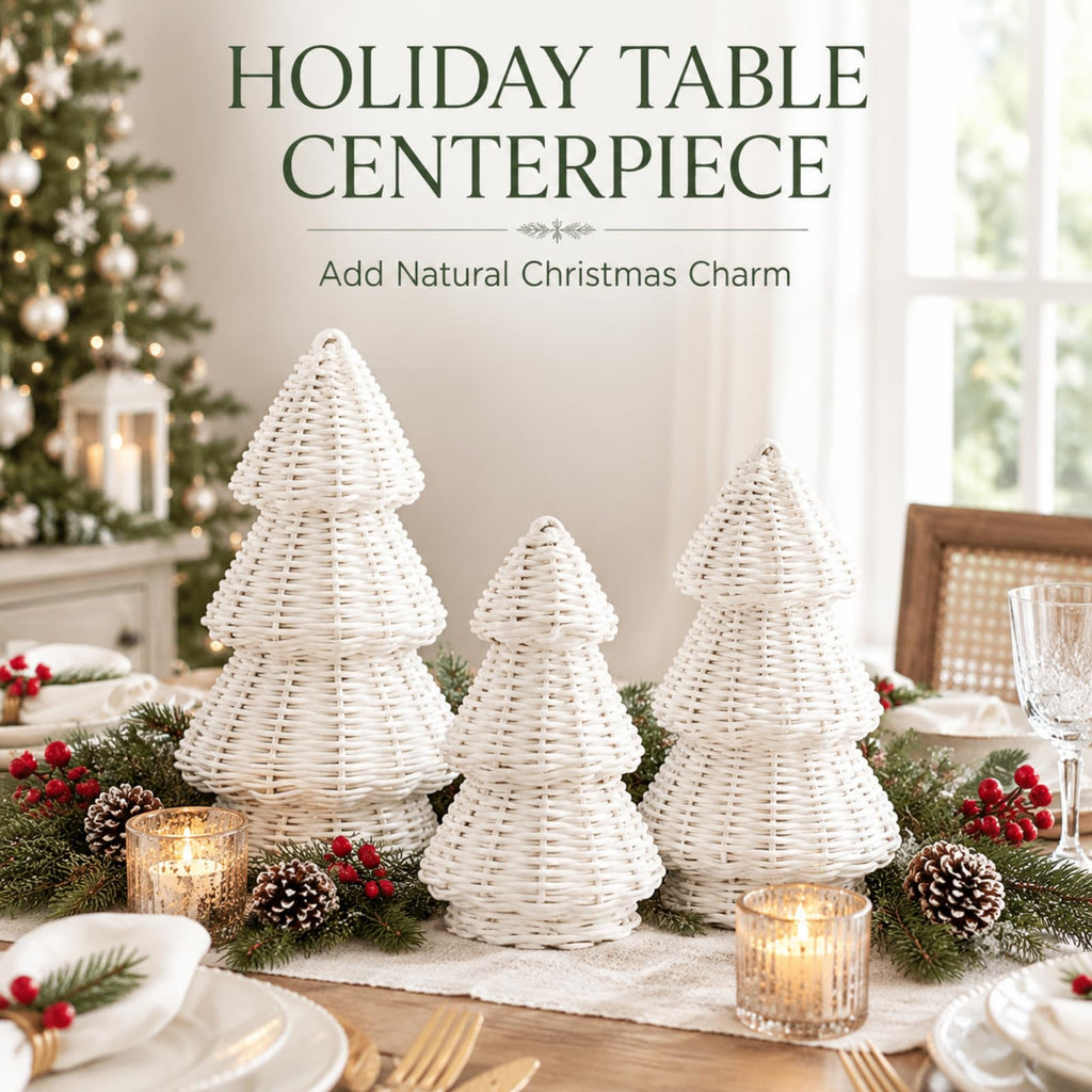 3 Pcs Woven Rattan Christmas Tree Decor, Classic Weave, White