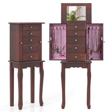 Standing Jewelry Armoire Cabinet with Top Flip Mirror, Jewelry Box Chest with 4 Drawers, Top Compartments, 8 Necklace