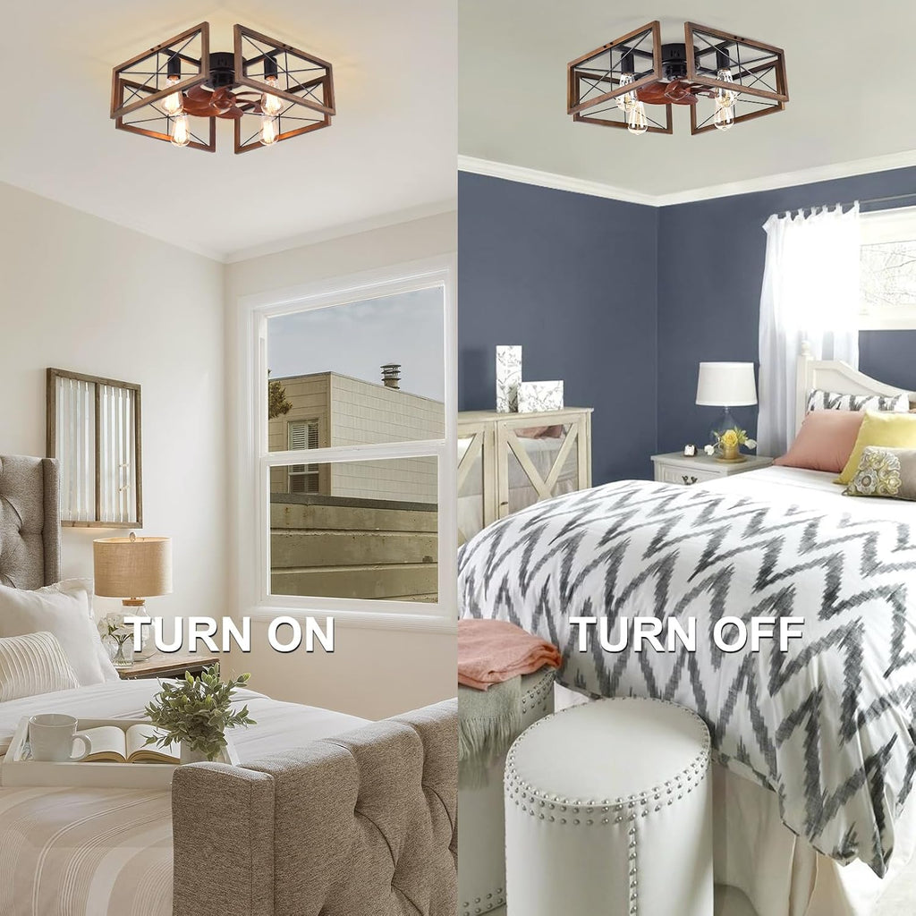 20''Farmhouse Flush Mount Ceiling Fan with Light and Remote Control,Industry Wood Low Profile Fan Rustic Industrial