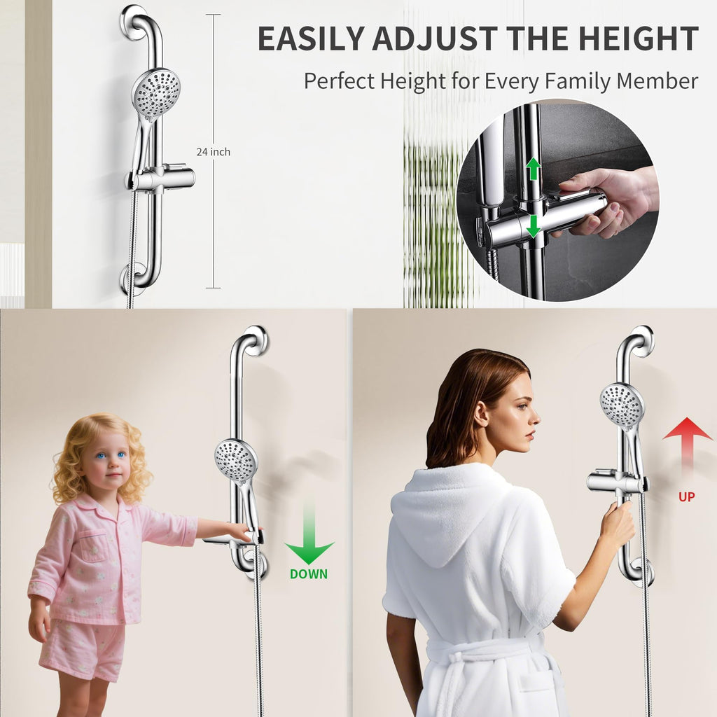 Stainless Steel Grab Bar Set - Includes Handheld Shower Head with Extra Long Hose, Shower Head and Hose Chrome Plated