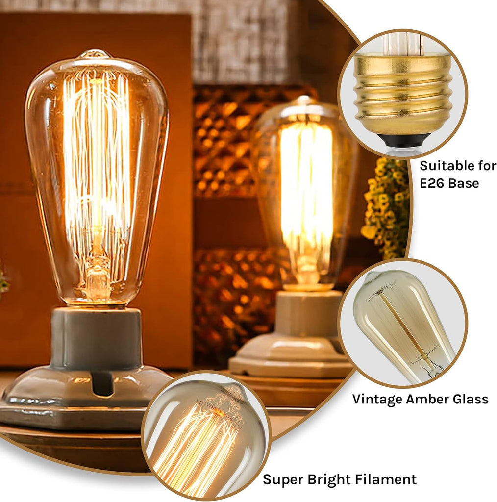 60 Watt Incandescent Edison Light Bulbs, Vintage Dimmable E26 Bulbs, ST58 2200K Warm White Antique 260LM E26 Medium
