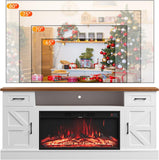 70 Inch Fireplace TV Stand for Living Room, Farmhouse Electric Fireplace Entertainment Center with Storage Cabinet, 12-Color 3D Flame and Heating, White