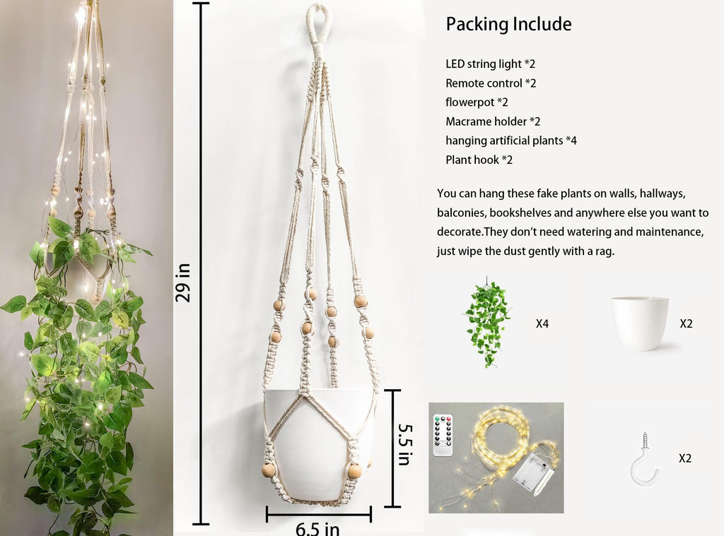 2 Packs Fake Hanging Plant with lights Artificial Plants with Pots Decor Macrame Plant Hanger with Faux Vines