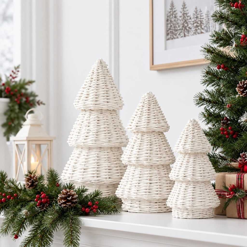 3 Pcs Woven Rattan Christmas Tree Decor, Classic Weave, White