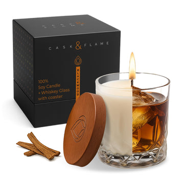Whiskey Gifts for Men - Blackwood Soy Candle in Reusable Whiskey Glass with Wooden Coaster Lid, Christmas Stocking
