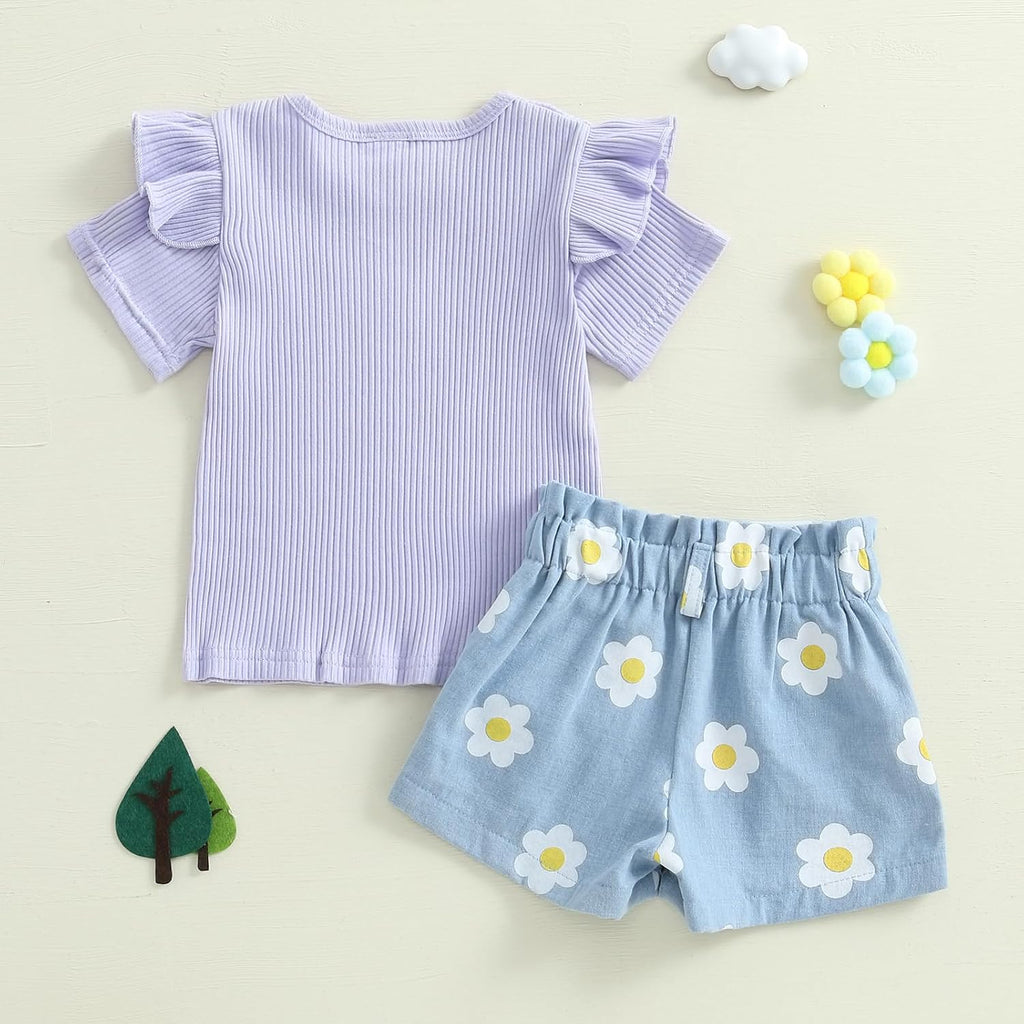 Toddler Baby Girl 2Pcs Knit Ribbed Ruffle Short Sleeve Floral Print Tops + Shorts Set Outfits