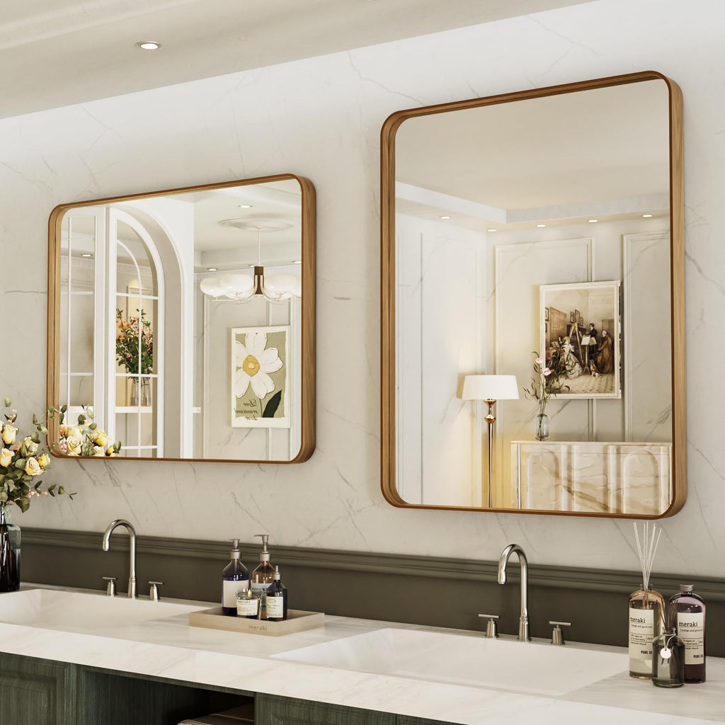 24X32 Inch Bathroom Mirror with Wood Grain Colored Metal Frame, Rounded Rectangle Metal Framed Bathroom Mirror