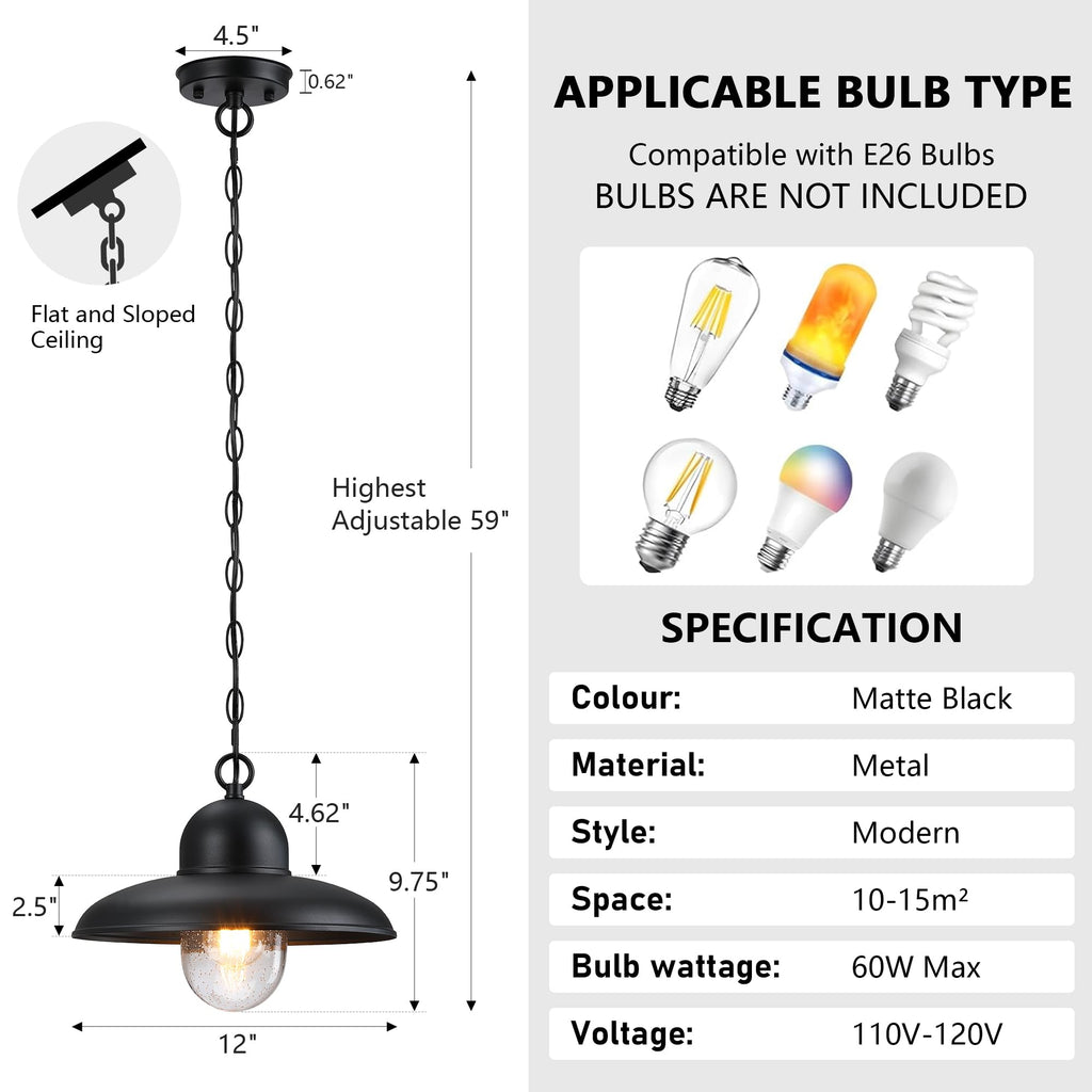 12 Inch Outdoor Pendant Light for Porch, Farmhouse Hanging Light