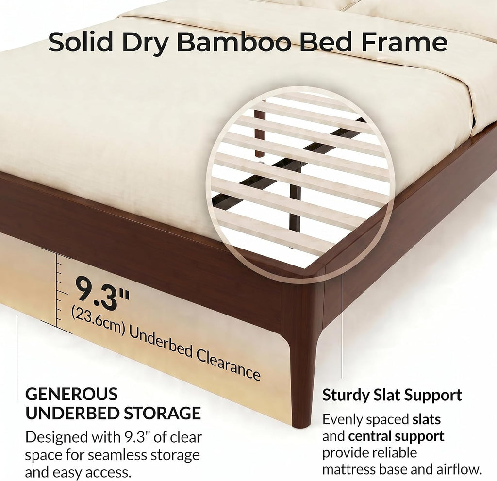 Full Size Japanese Wooden Bed Frame, Mid-Century Chocolate Wood Low Platform Bed, 9 inch Low Under Bed Storage