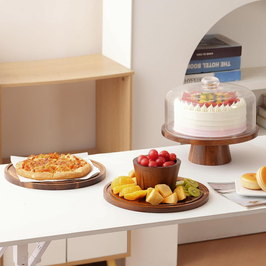 Acacia Wood Cake Stand with Glass Lid-12" Magnetic Base for Parties&Kitchen