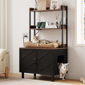 55 Inches Cat Litter Box Enclosure with 2 Storage Shelves, Black