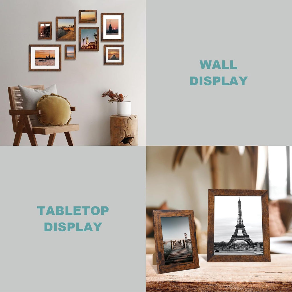 11x14 Picture Frame Set of 4 with Tempered Glass, Rustic Frame Display 8x10 Pictures with Mat or 11 x 14 Without Mat
