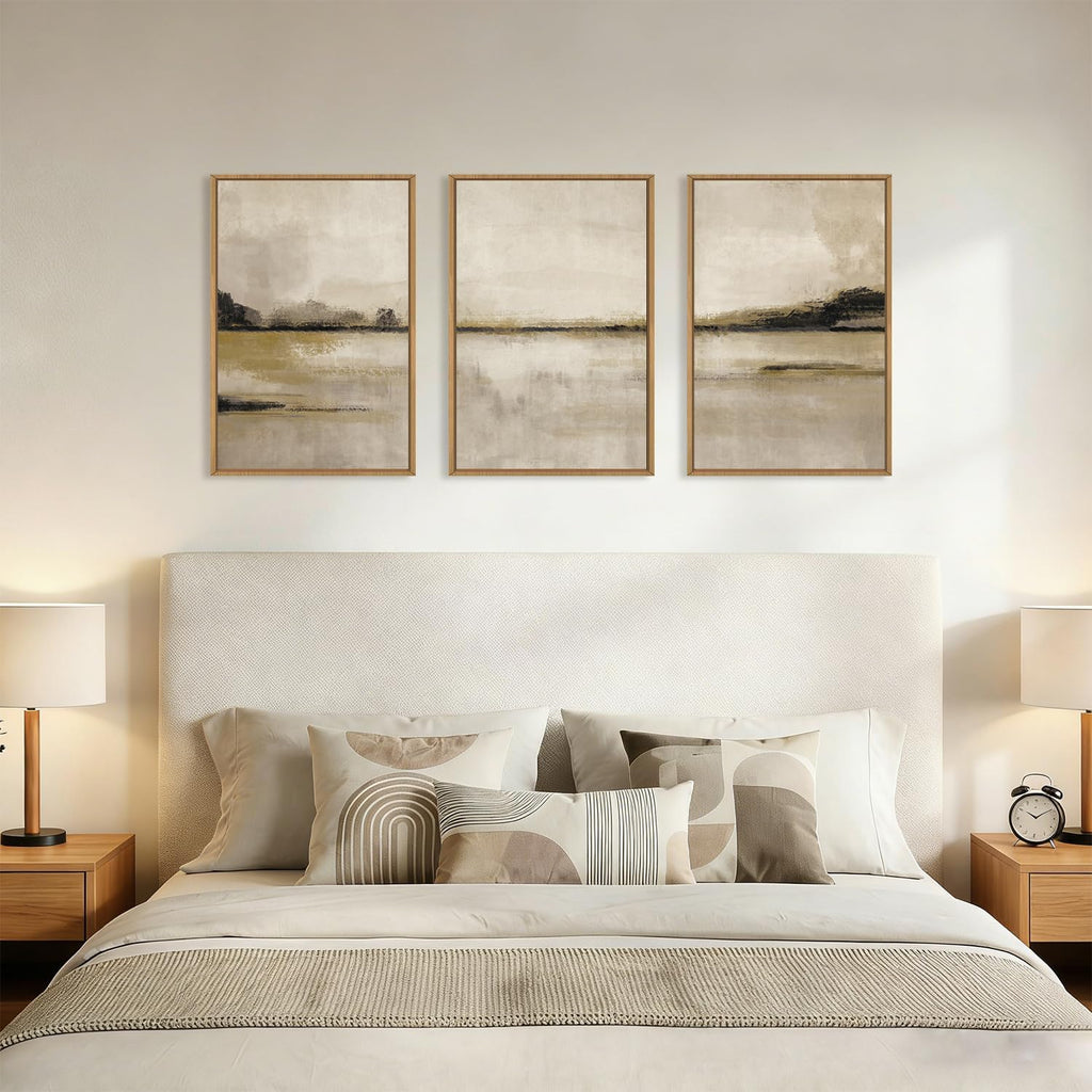 Neutral Abstrcat Landscape Framed Canvas Wall Art Set, Retro Mountain Lake Wall Decor, Vintage Tan Scenery Art