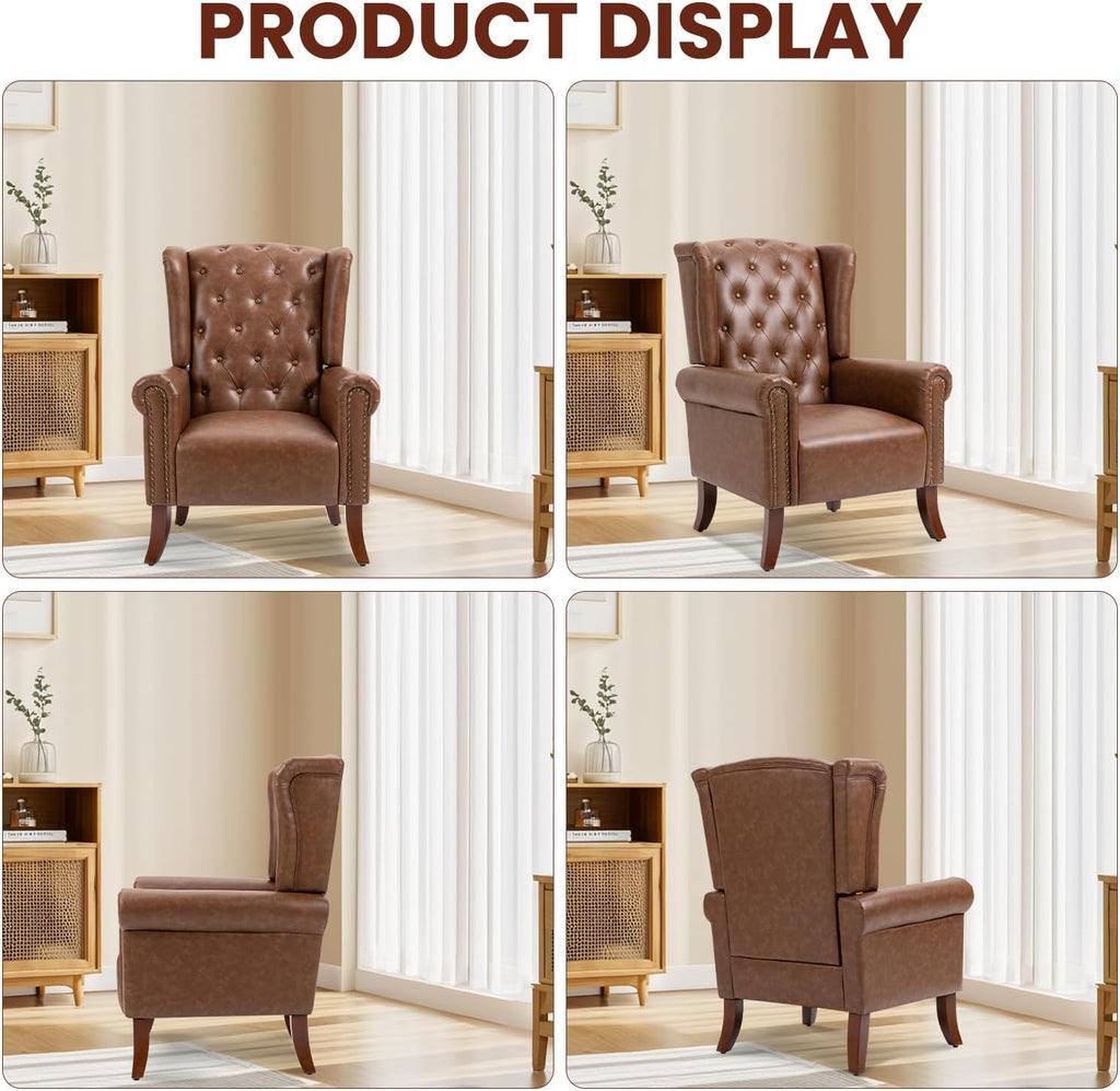 PU Leather Accent Chair Set of 2, Modern Upholstered Living Room Chair Sofa Chair with Wooden Legs, Wingback Armchair