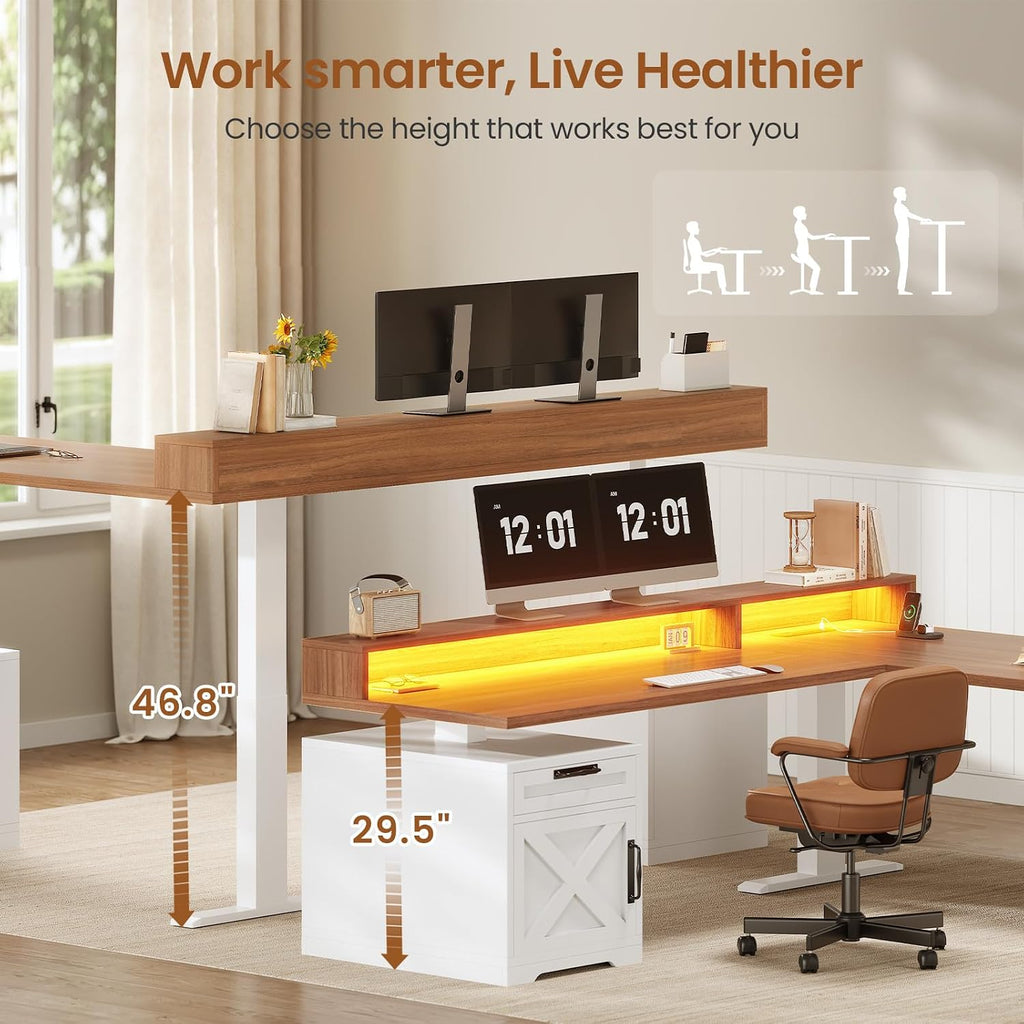 Farmhouse L Shaped Standing Desk, 70.1" x 73.2" Height Adjustable Home Office Executive Desk with Drawers, Power