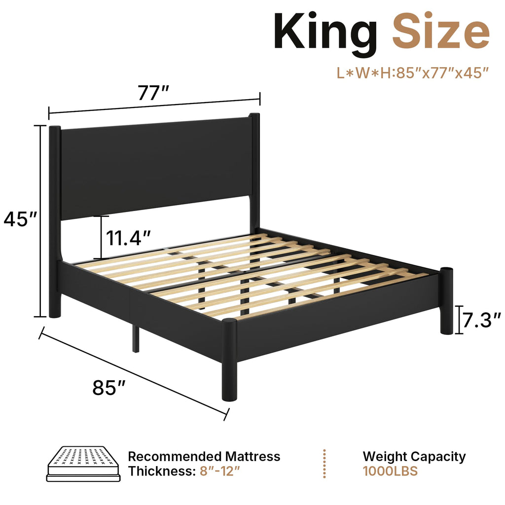 King Size Platform Bed Frame with Wood Headboard, Black