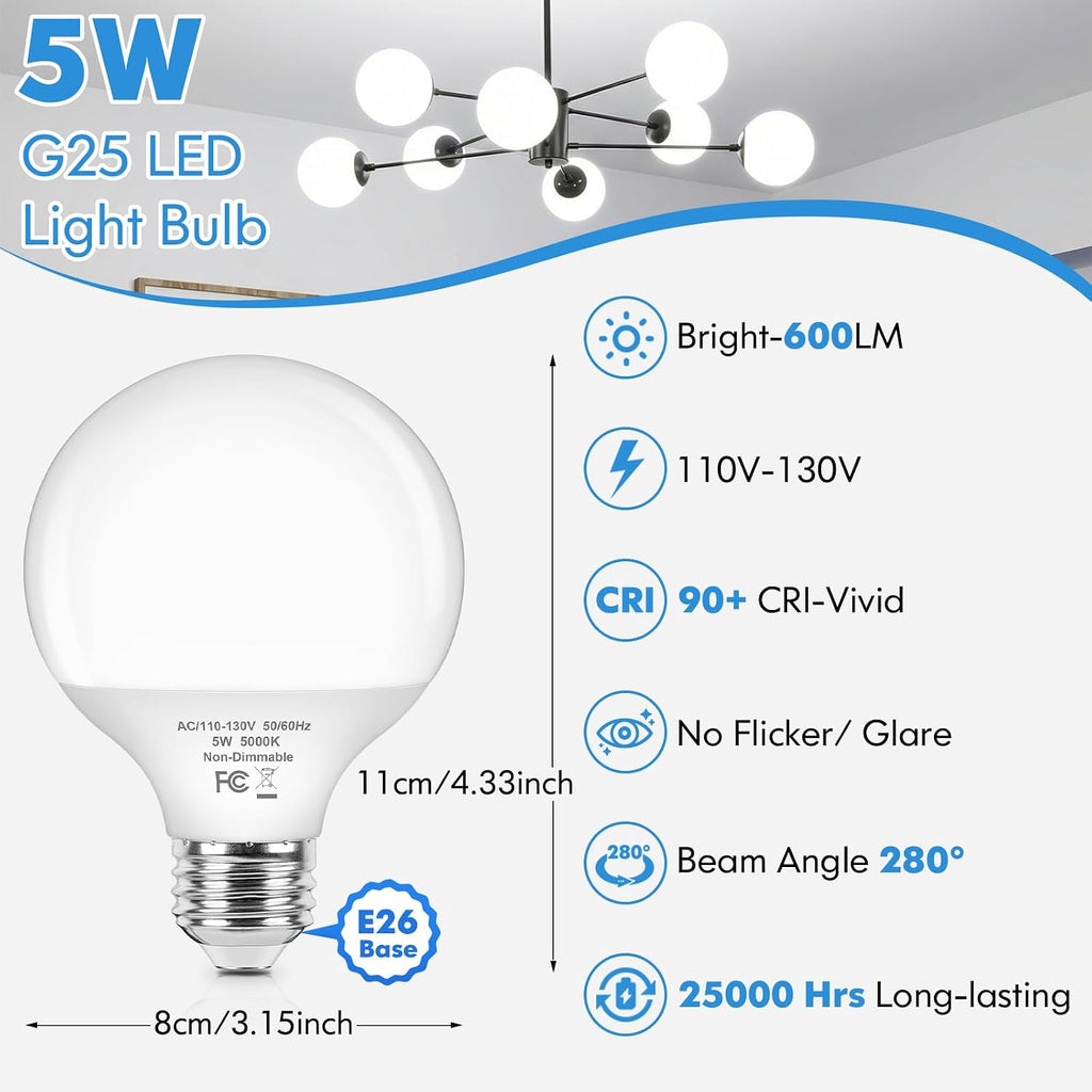 G25 Globe Light Bulbs, 60 Watt Vanity Light Bulb