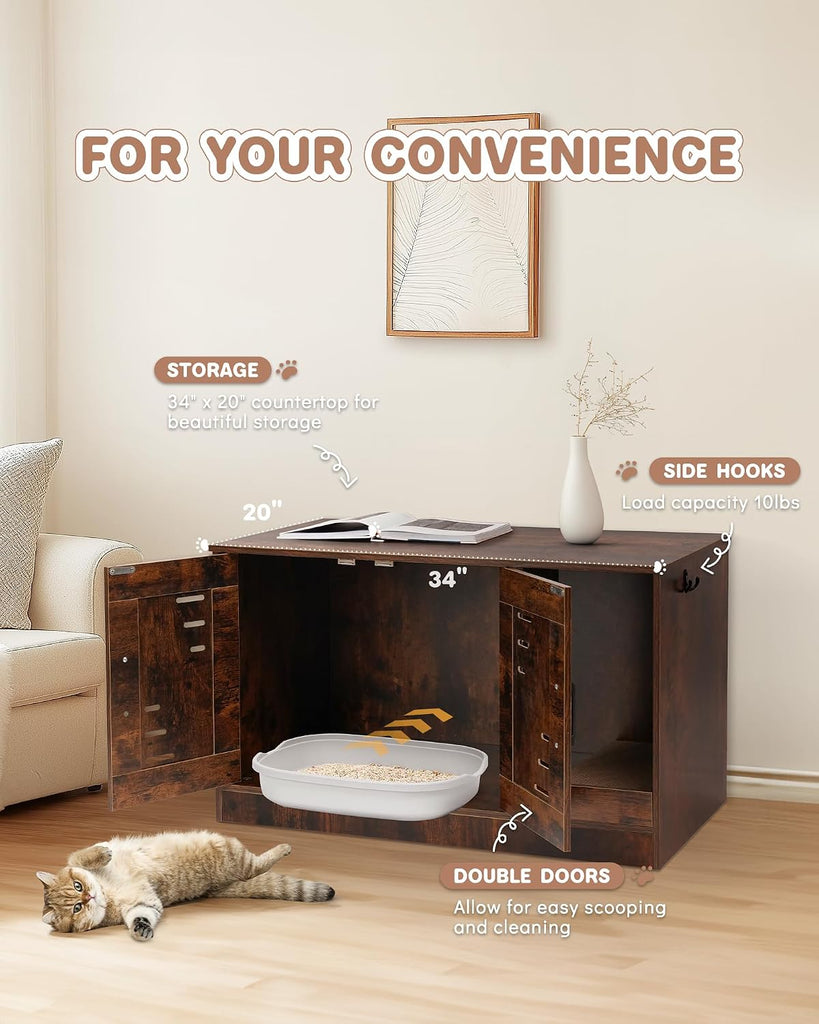 34-Inch Cat Litter Box Enclosure Furniture with Scratch Pad