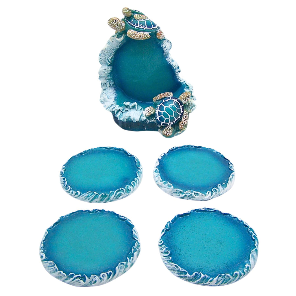 Blue Sea Turtle with Wave Design Coaster Set, Nautical Décor, Set of 4 Coasters, 5.25 Inches