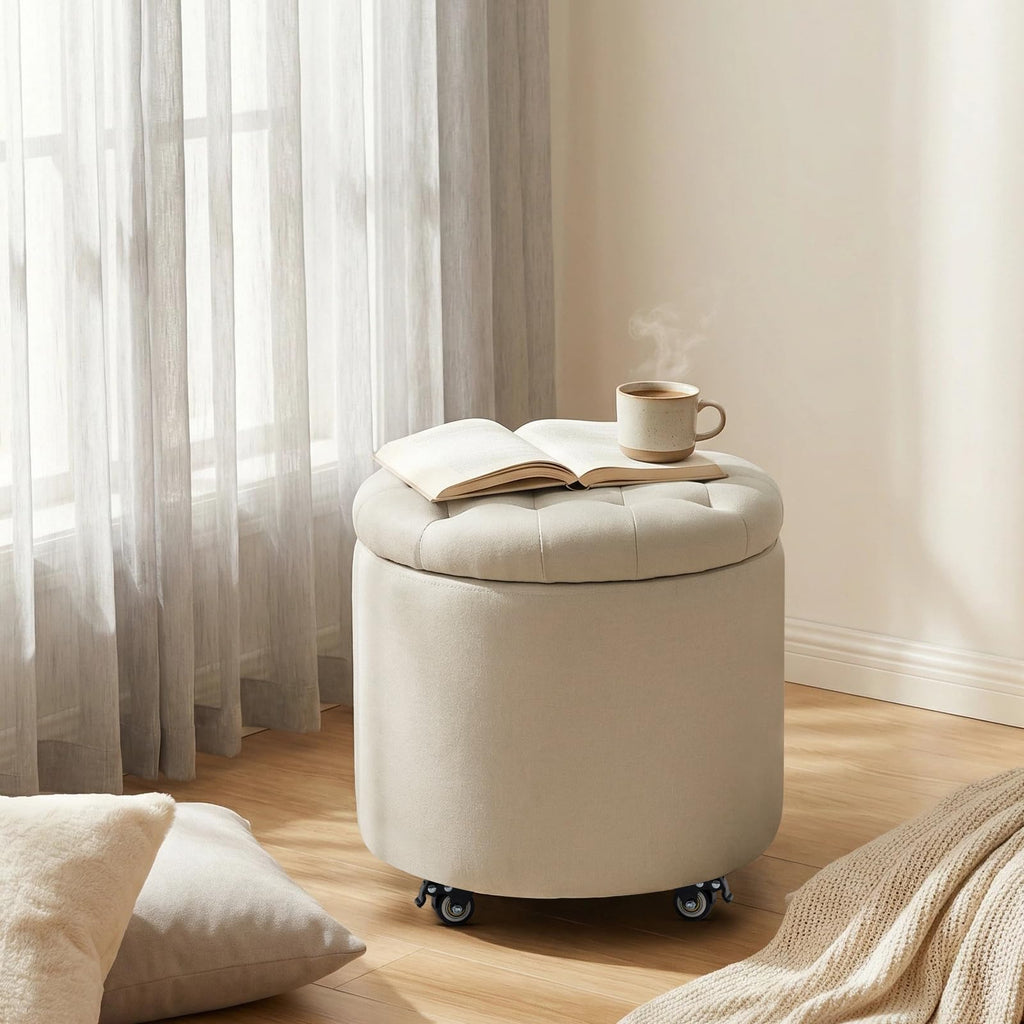 18.9 Inch Round Storage Ottoman with Wheels, Hidden Storage with Removable Lid, Stylish Button Tufted Design Ottoman