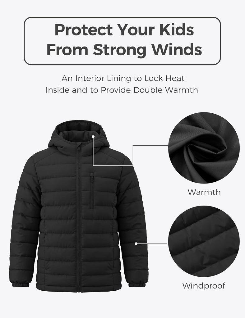 Boy's Light Winter Jacket Zip Up Puffer Coat Hooded Windproof