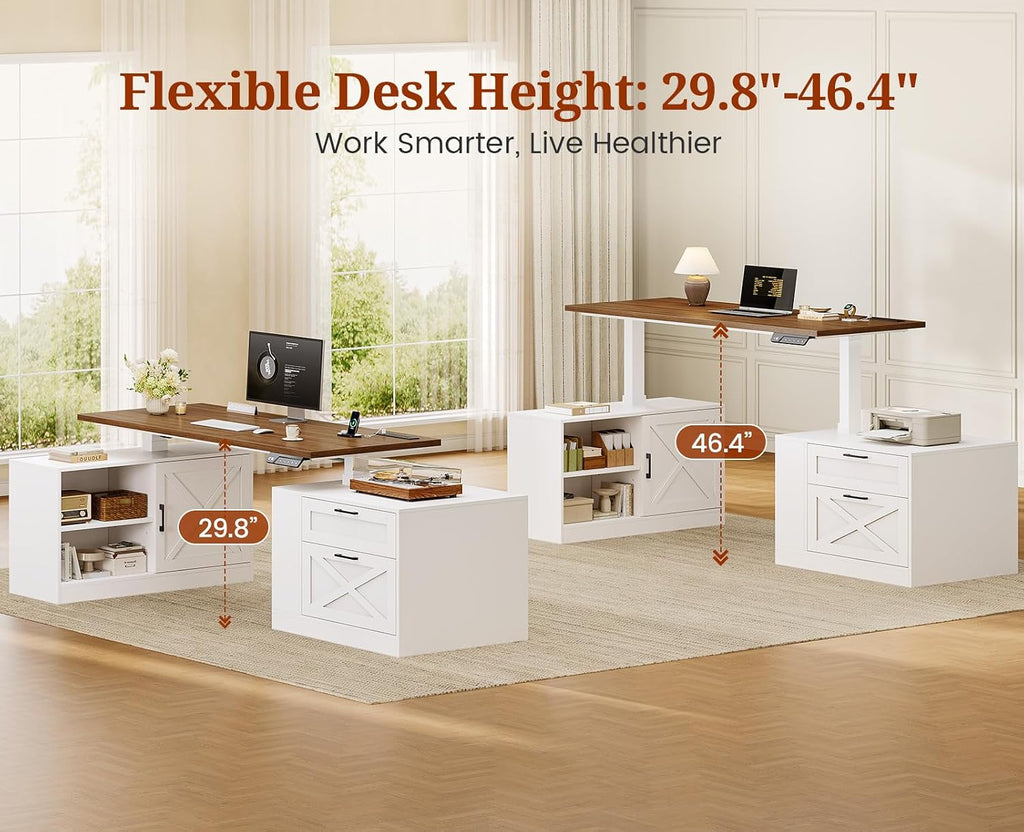 71" Farmhouse L Shaped Standing Desk, Electric Height Adjustable Corner Desk with Storage Cabinet & File Drawers