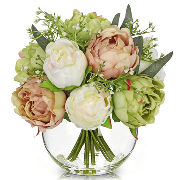 Peonies Artificial Flowers in Vase White Green Peony Fake Flowers Silk Flower Arrangements with Glass Vase with Faux