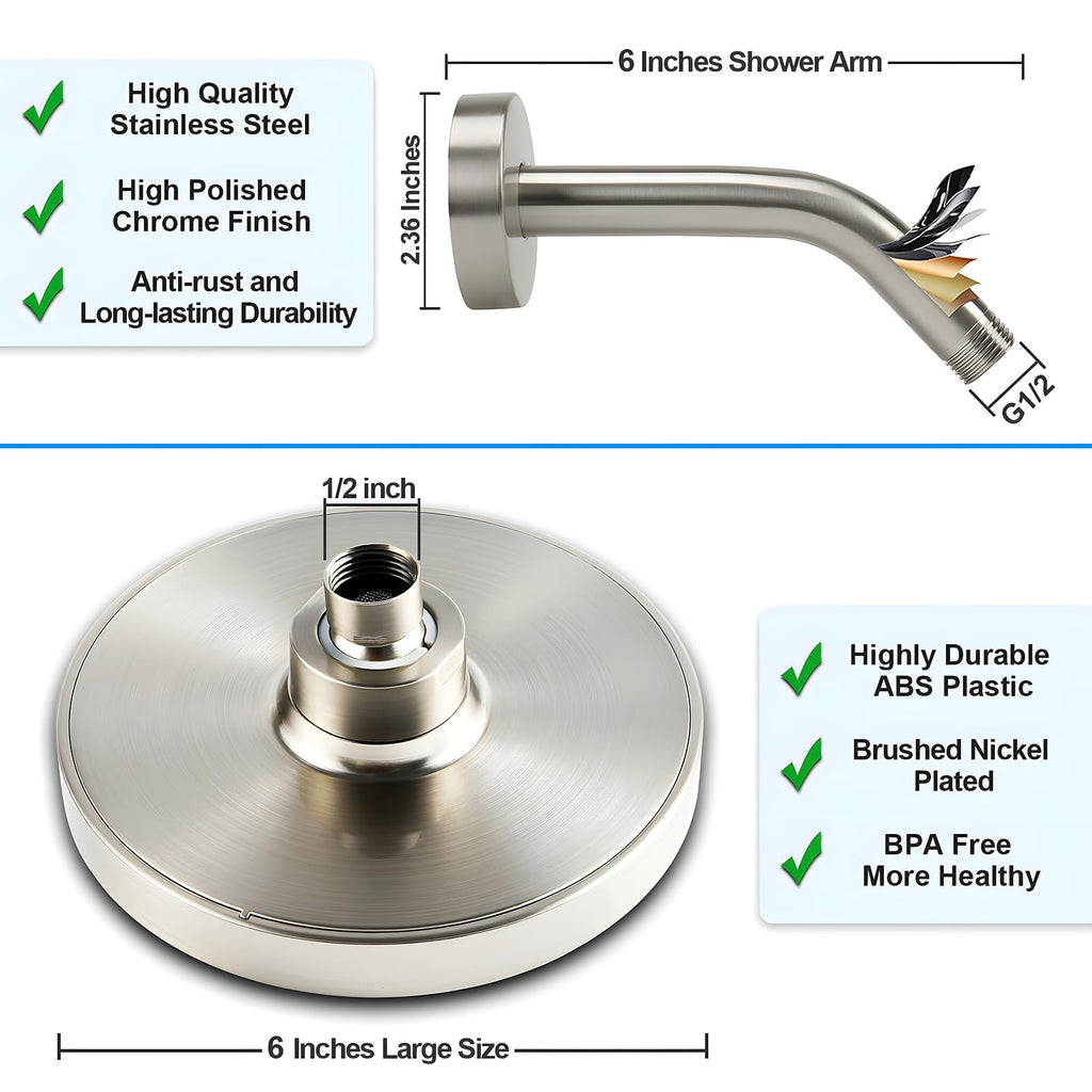 6" Rain Shower Head & 6" Shower Arm, Luxury Brushed Nickel Finish