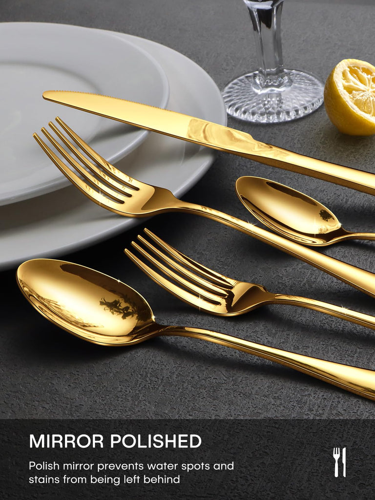Gold Silverware Set for 12, 60 Piece Stainless Steel Flatware Set, Mirror Polished Food-Grade Cutlery Utensil Set