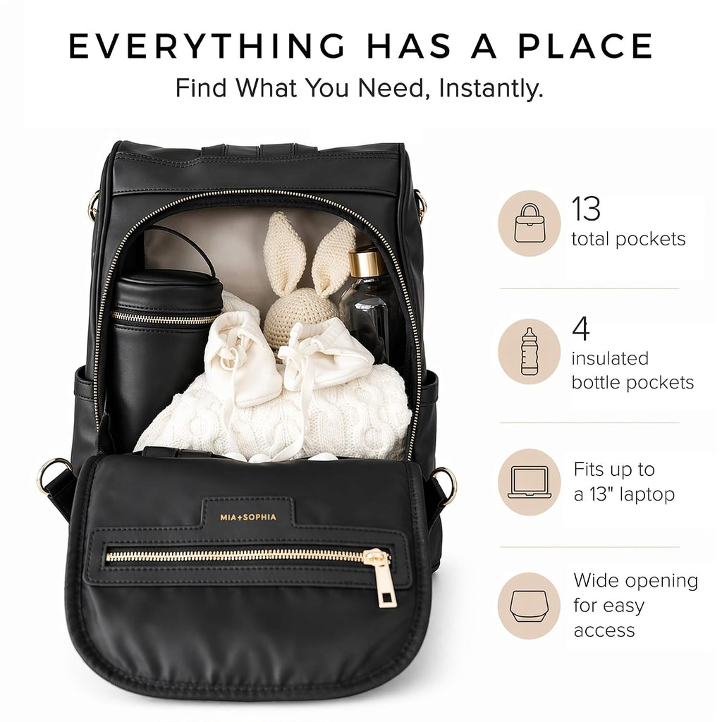Leather Diaper Bag Backpack with USB Charging port, Changing Pad, Stroller Straps (Black Mia)