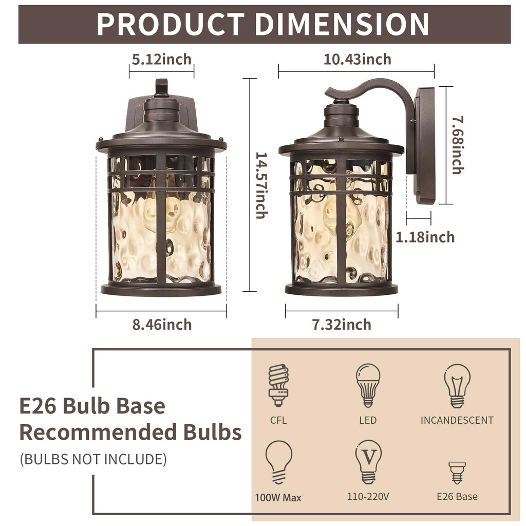 Outdoor Wall Light Fixture, 14.57inch Large Outside Porch Lights Wall Mounted Amber Ripple Glass Modern Exterior