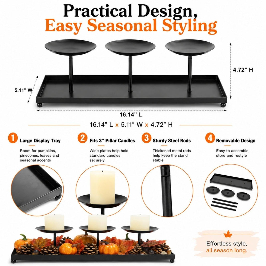 3 Pillar Candle Holders Centerpiece, Fall Dining Room Table Decor