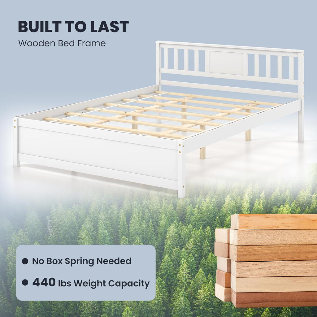 Queen Solid Wood Platform Bed Frame, Mid Century Queen Bed Frame with Headboard, Wooden Slat Support, Queen Panel