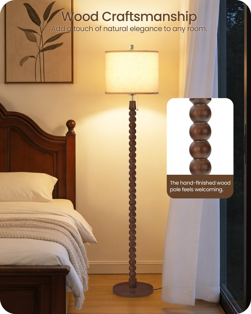 65" Spindle Wood Floor Lamp with Pull Chain, 3CCT, Beaded floor lamp, Walnut
