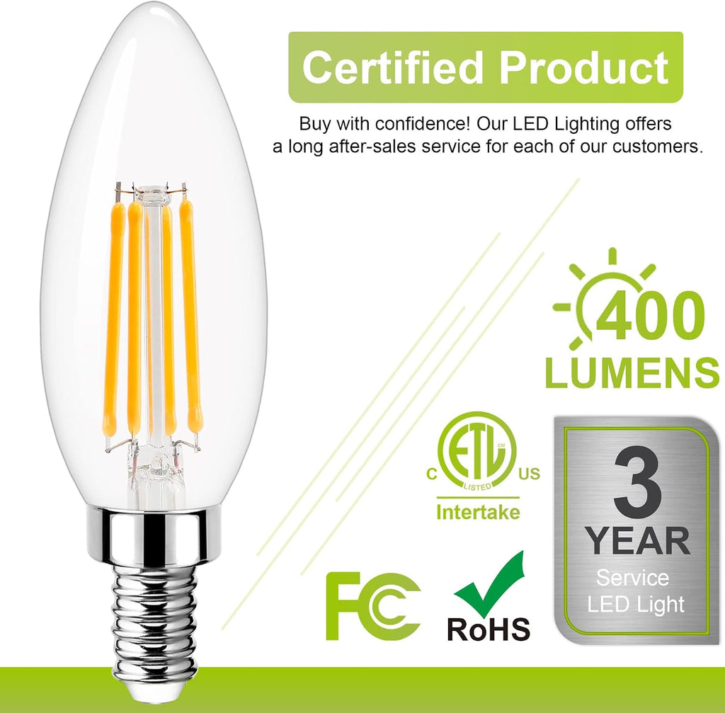 Dimmable Candelabra LED Light Bulb 40W Equivalent, E12 Chandelier Light Bulbs Warm White 3000K, 400LM, CRI 85+, B11