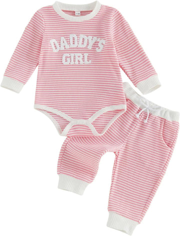 Baby Girl Fall Outfit Romper Long Sleeve Letter Embroidery Jumpsuit Bodysuit Pants Infant Waffle Clothes Set