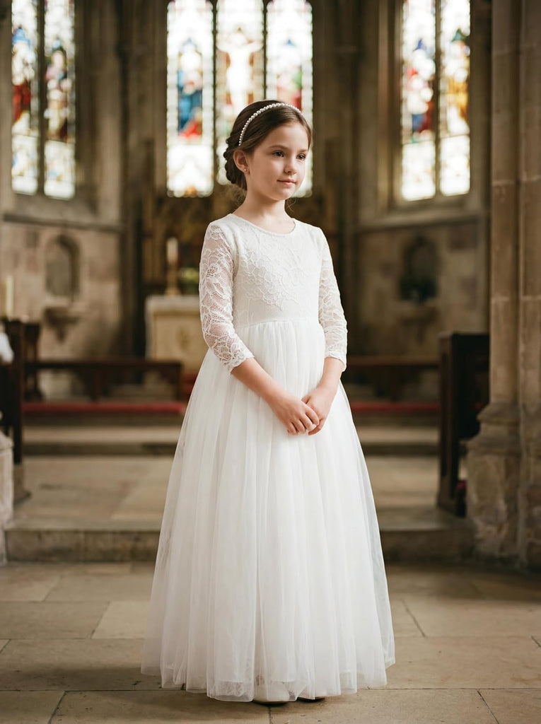 Flower Girl Dress Long Sleeve First Communion Dress Lace/Tulle Toddler Dresses for Wedding Bridesmaid Garden Party