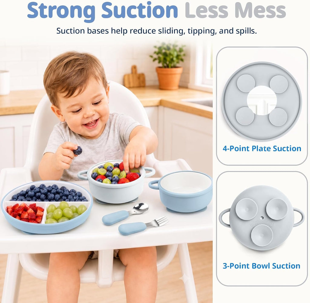 8 Pcs Ceramic Baby Plates Set with Suction Sleeves, Spoons & Forks