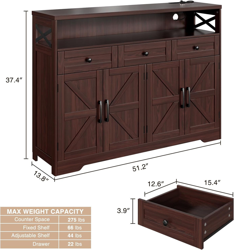 51" Dark Brown Buffet Sideboard Cabinet, Farmhouse Storage Cabinet Kitchen | Pantry with Shelf and Drawers, Wood
