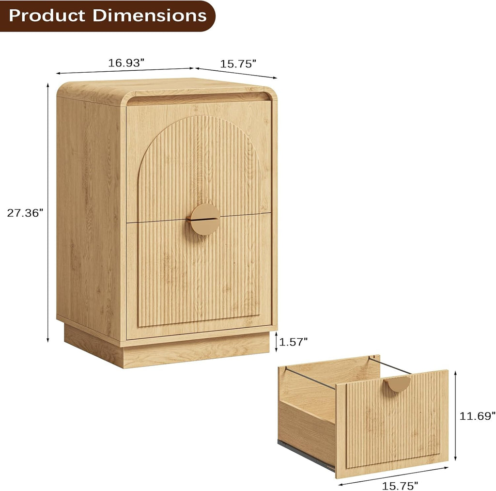 Fluted 2 Drawers Vertical File Cabinet with Curved Corners, Natural