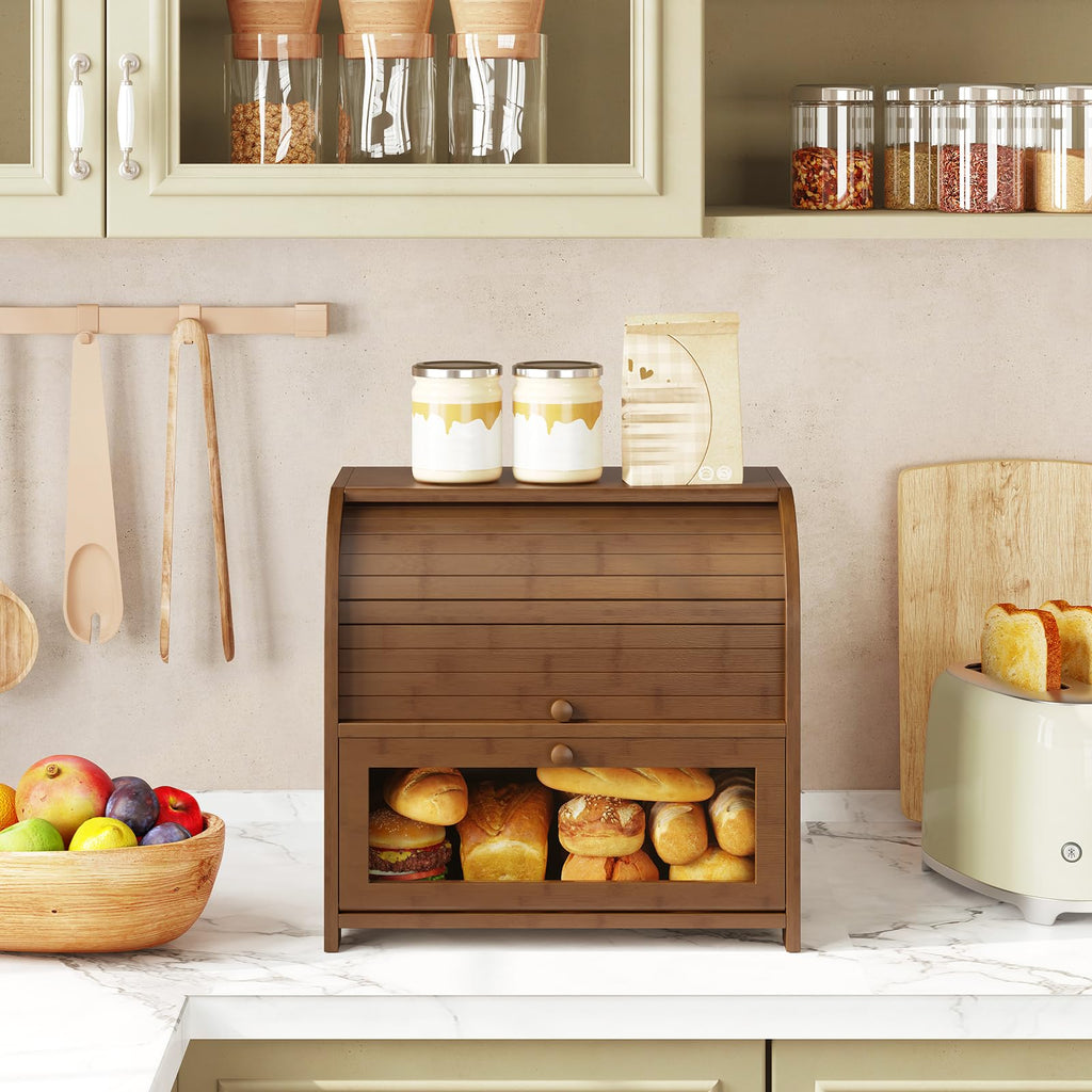 Bamboo Countertop, 2 Tier Roll-Top Bread Bin, Food Storage Box, Large Capacity Keeper, Wooden Storage Cabinet, Brown