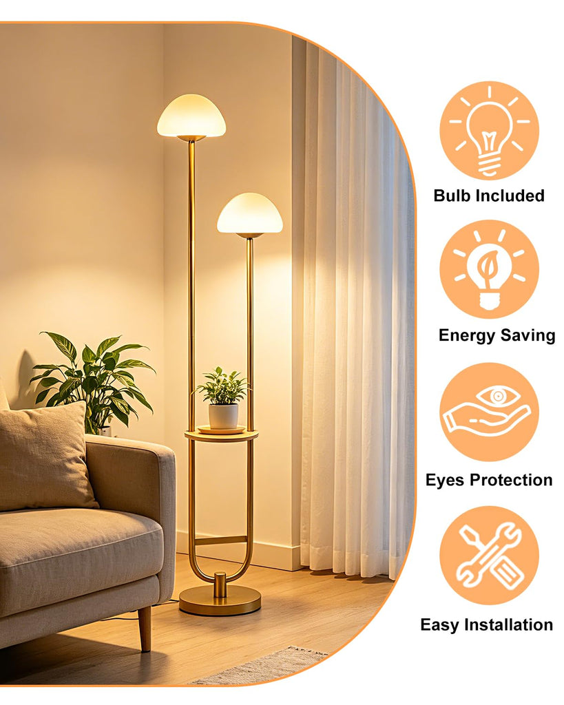 Mushroom Floor Lamp with Shelf 2-Lights Modern Dimmable Floor Lamps
