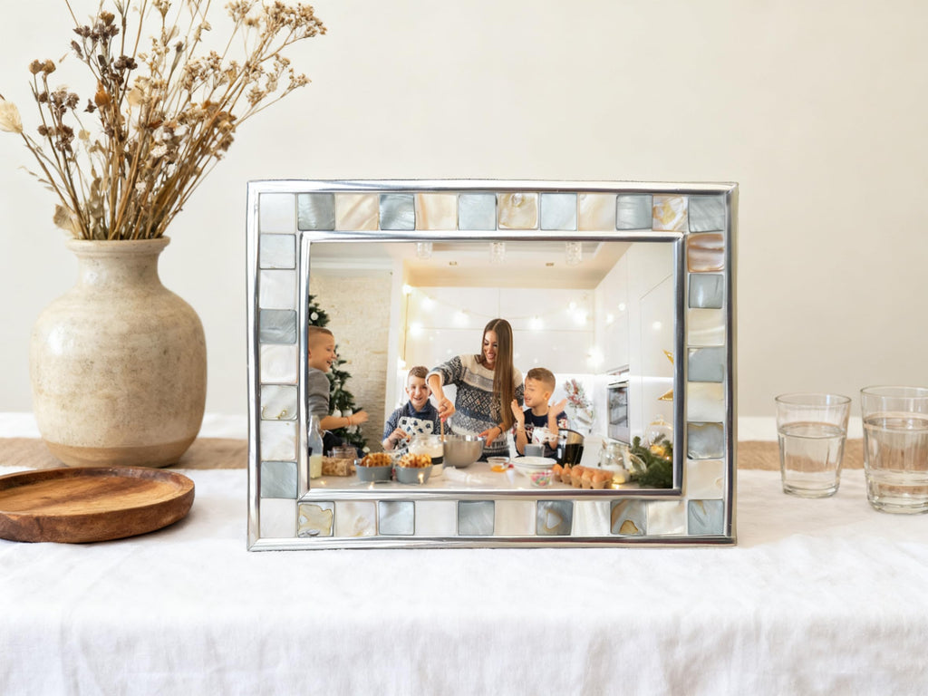 Silver Plate Picture Frame 4x6 Mother of Pearl 4 by 6 Photo Frame Mosaic Glass Tabletop Frame (Grey+ White, 1pc)