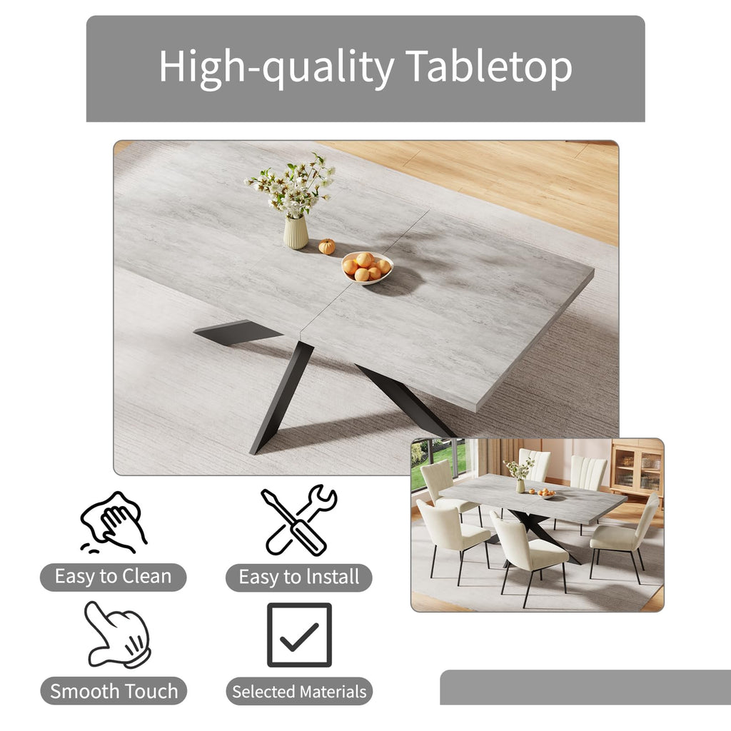 6-Piece Extendable Dining Table Set, Modern 63''-79'' Grey Wood Table with 6 Grey Fabric Chairs, Dining Room Table
