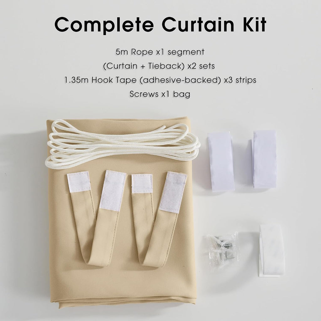 2 Panels Rod-Free Outdoor Curtains Waterproof Sticky Top | Back Tab Bottom with Free Rope for Wind Resistance