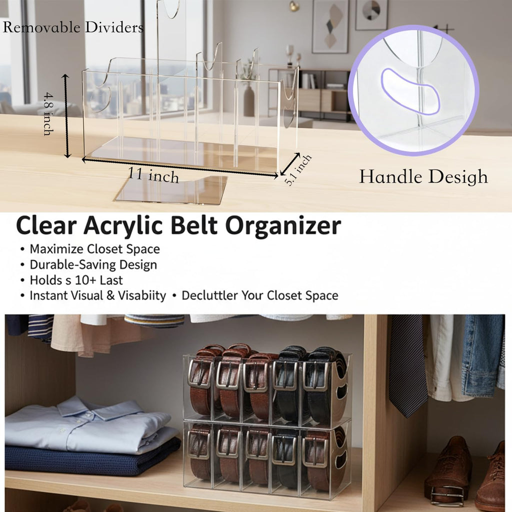 Belt Organizer,Acrylic Belt Organizer for Closet with Removable Dividers 5 Compartments & Handles Drawer organization